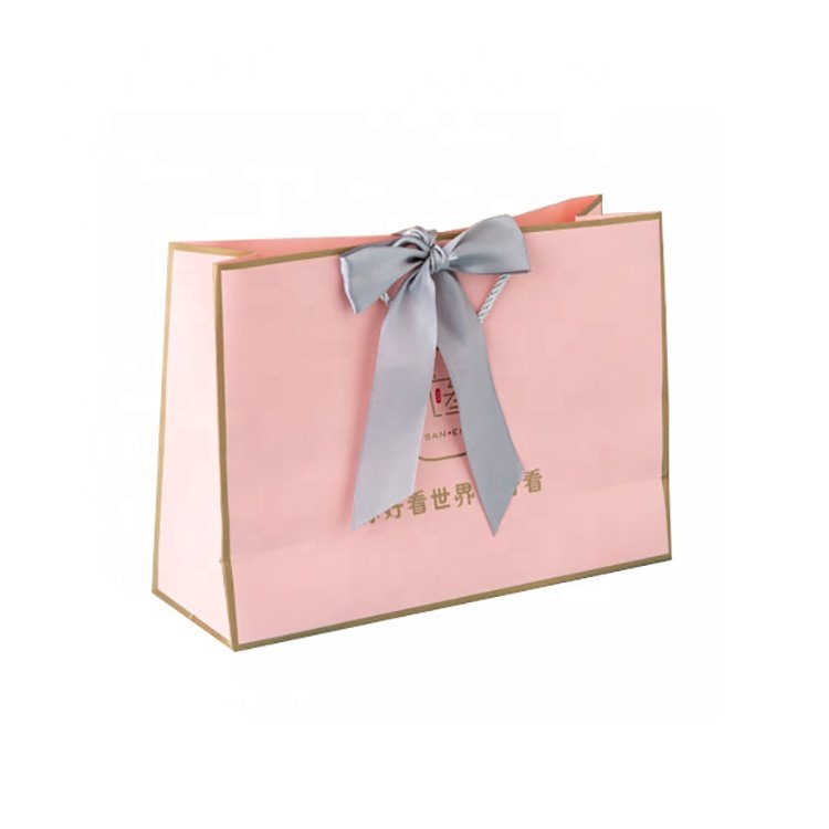 Custom Glossy Laminated White Fashion Paper Shopping Bag with Bow Tie Ribbon
