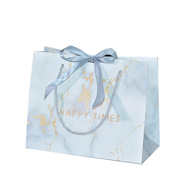 Custom Glossy Laminated White Fashion Paper Shopping Bag with Bow Tie Ribbon