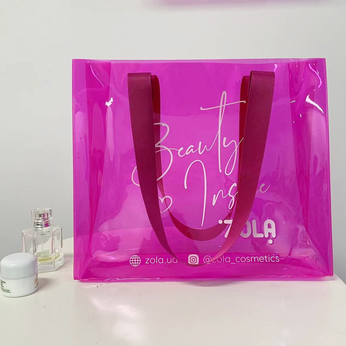 Wholesale Clear Hot Pink PVC Large Tote shopping bags Custom Logo Gift bag For Wedding Packaging bag