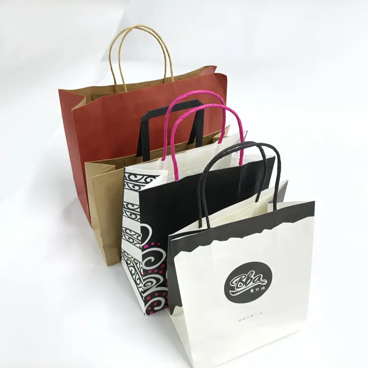 Custom Printed Shopping Kraft Paper Bag Brown White Fast Food Takeaway Bag With Handle