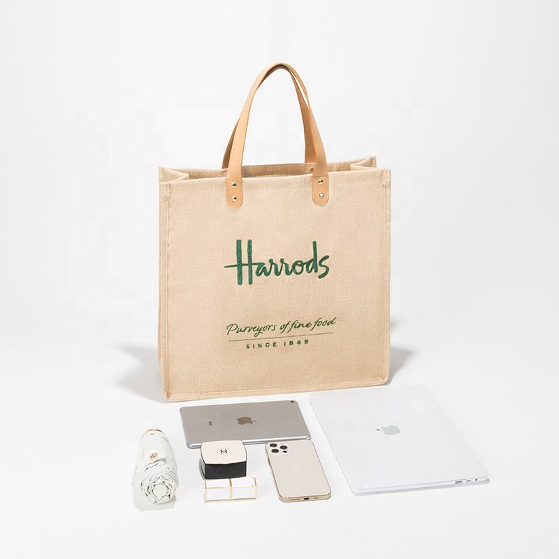 Customizable printed jute bags with zipper fashion reusable burlap gift beach tote bag grocery shopping bag