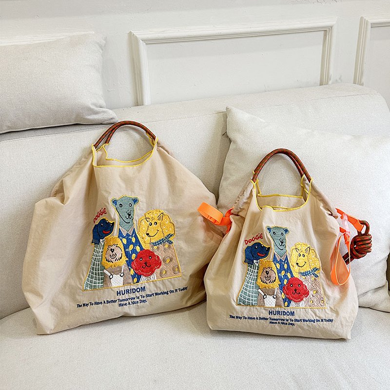 Customized Daily Foldable Nylon Embroidery Eco Shopping Bag Women's Drawstring Shoulder Bag