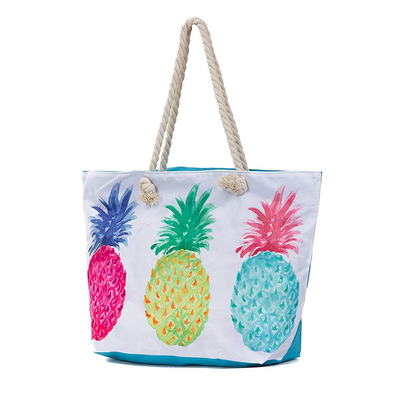 Custom Wholesale LOGO Printed Fashion Women Pineapple Large Shopping Tote Bag Large Canvas Oxford Top Zipper Boat Beach Bag
