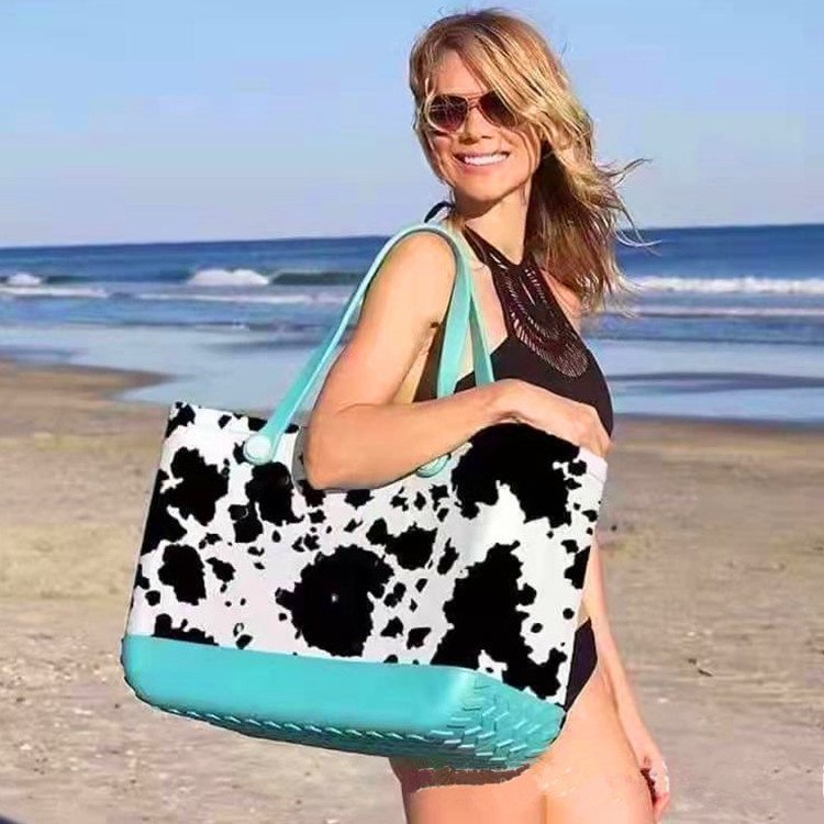 2024 hot selling summer waterproof rubber fashion handbags tote shopping bag silicone baseball cow print beach washable eva bag