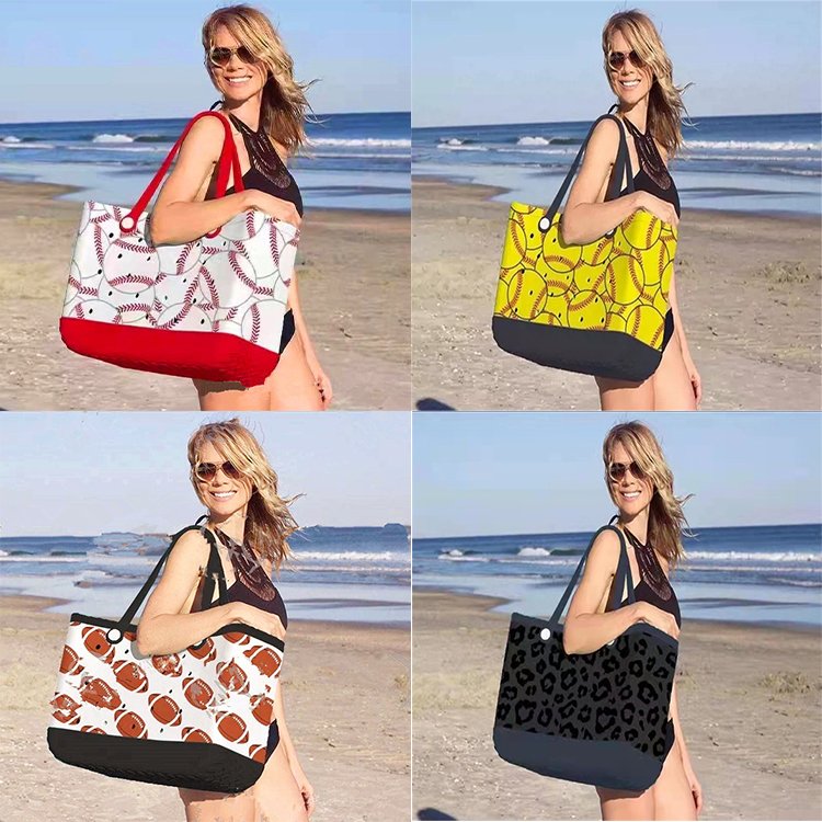 2024 hot selling summer waterproof rubber fashion handbags tote shopping bag silicone baseball cow print beach washable eva bag