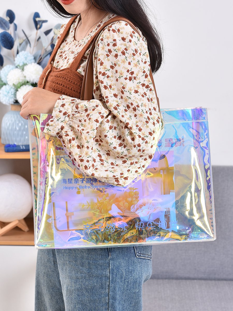 Custom nylon handle clear tote shoulder bag PVC transparent reusable tote shopping bags fashion pvc iridescent bag with logo