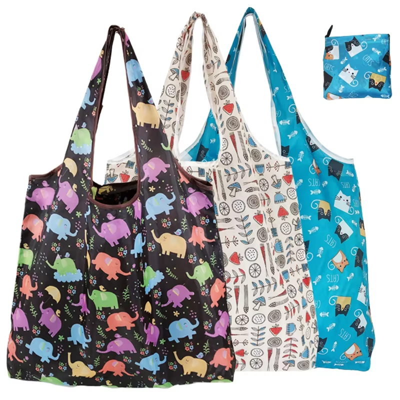 Wholesale Customized Heavy Duty Folding Tote Reusable Grocery Bag Eco Polyester Foldable Shopping Bags for Advertising Gifts