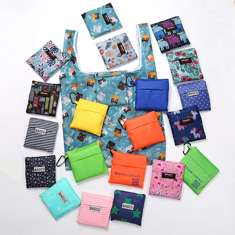 Wholesale Customized Heavy Duty Folding Tote Reusable Grocery Bag Eco Polyester Foldable Shopping Bags for Advertising Gifts