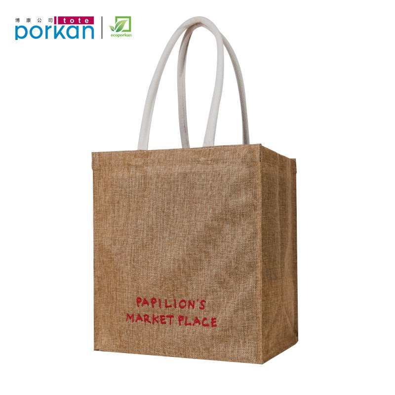 Online Shop Reusable Juco Shopping Bag, Custom Logo Heavy Duty Jute Shopping Bag Market Tote Bag with Cotton Handle