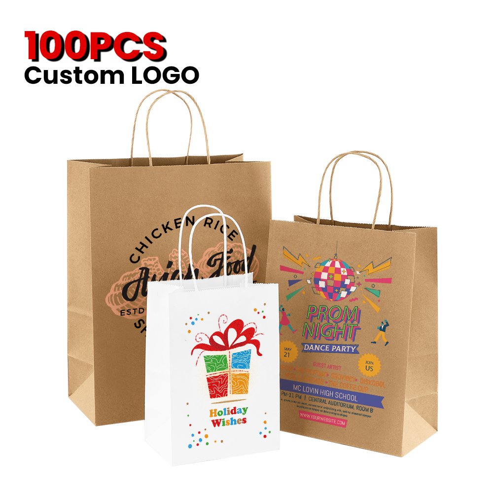 Custom Logo Printed Brown Kraft Paper Shopping Bag Food Delivery Takeaway Paper Bag Gift Bag With Handle