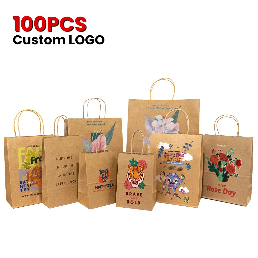 Custom Logo Printed Brown Kraft Paper Shopping Bag Food Delivery Takeaway Paper Bag Gift Bag With Handle
