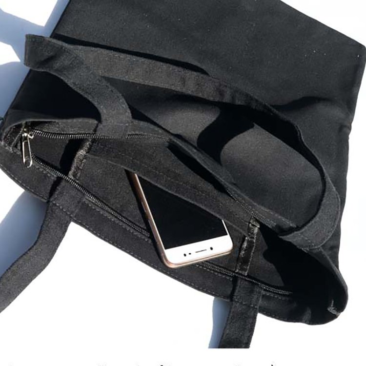 Black zipper shopper bag white color 100% cotton reusable cotton shopping bag with inner pocket