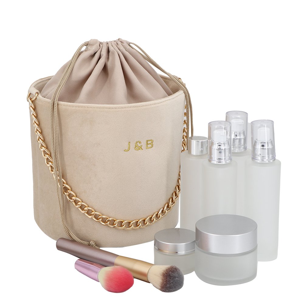 Large Capacity Velvet Make Up Bag Custom Design Circular Column Cylinder Shape Chain Handle Shopping Bag With Pocket