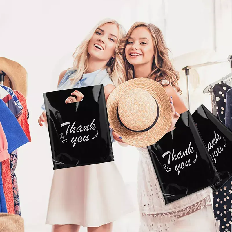 Custom Printing Retail Thank You Shopping Bags With Handle For Boutique Die Cut Plastic Bags With Own Logo