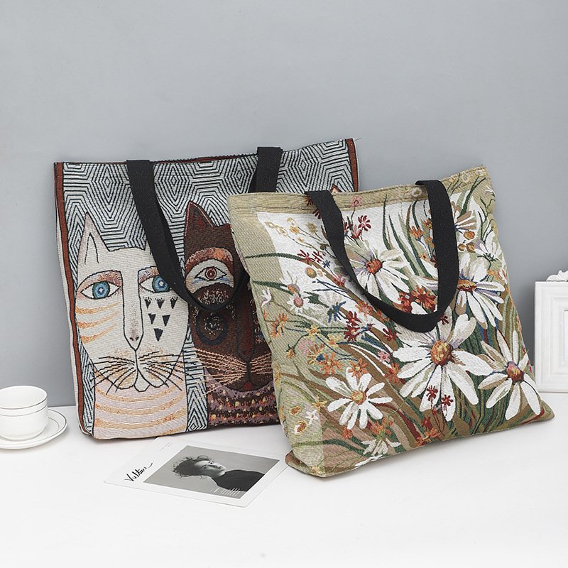 Popular ethnic trend shopping bag cartoon pretty girl embroidered large-capacity women's one-shoulder handbag