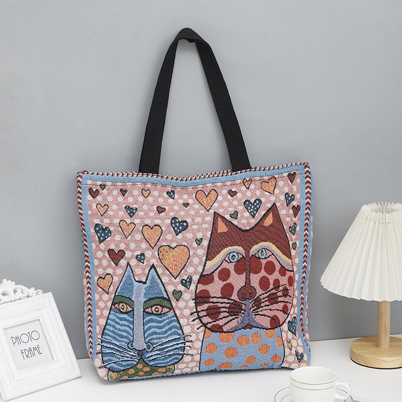 Popular ethnic trend shopping bag cartoon pretty girl embroidered large-capacity women's one-shoulder handbag
