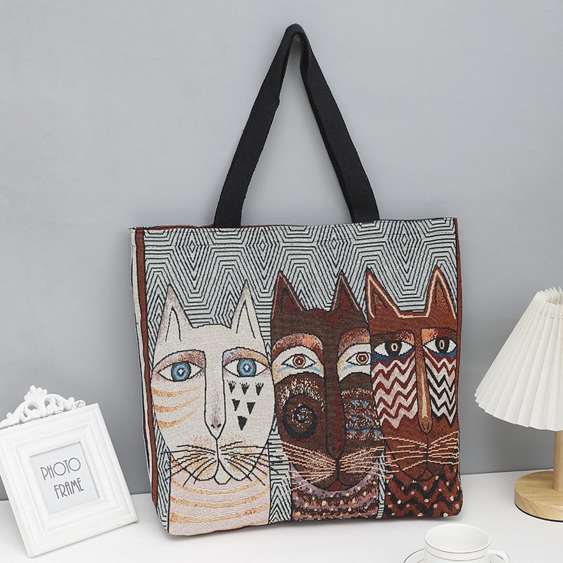 Popular ethnic trend shopping bag cartoon pretty girl embroidered large-capacity women's one-shoulder handbag
