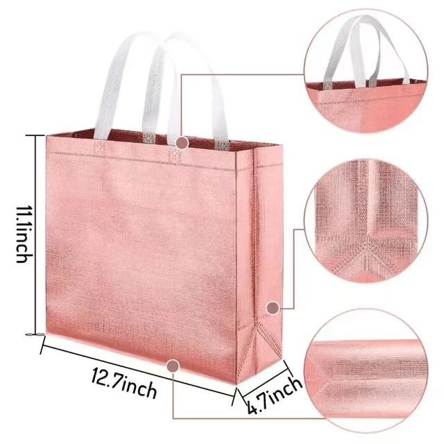 Personalized Eco Reusable Rose Gold Golden Metallic Lamination Glitter Glossy Christmas Gift Non Woven Shopping Tote Bag