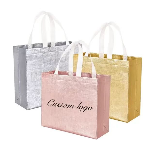 Personalized Eco Reusable Rose Gold Golden Metallic Lamination Glitter Glossy Christmas Gift Non Woven Shopping Tote Bag