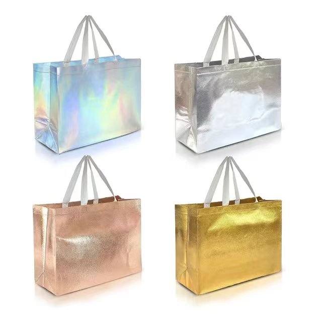 Personalized Eco Reusable Rose Gold Golden Metallic Lamination Glitter Glossy Christmas Gift Non Woven Shopping Tote Bag