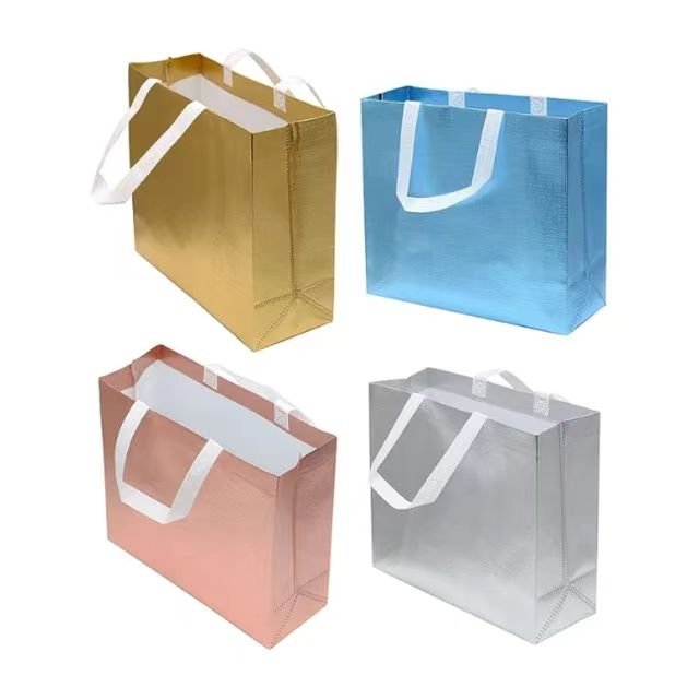 Personalized Eco Reusable Rose Gold Golden Metallic Lamination Glitter Glossy Christmas Gift Non Woven Shopping Tote Bag