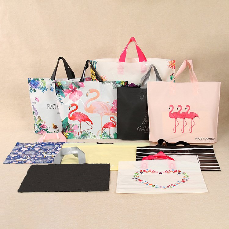 Custom printed logo heavy duty retail plastic biodegradable die cut large plastic shopping bags with own logo
