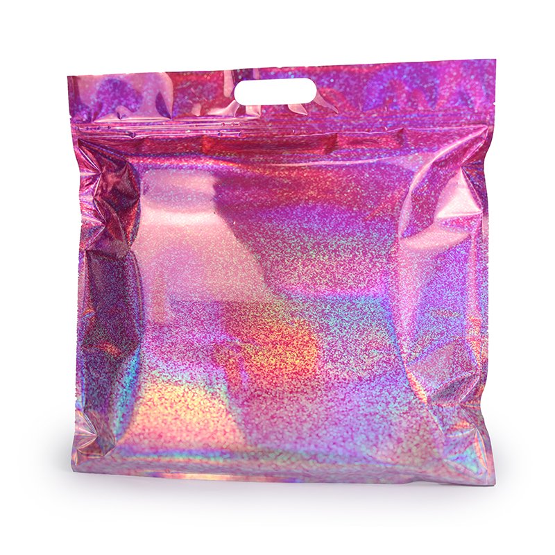 Custom Printed Die Cut Handle Bags Fashion Clothing Pink Gloss Ziplock Holographic Plastic Fashion Garment Shopping Bags Printed