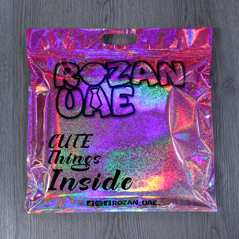 Custom Printed Die Cut Handle Bags Fashion Clothing Pink Gloss Ziplock Holographic Plastic Fashion Garment Shopping Bags Printed