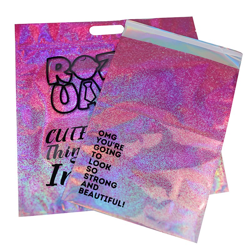 Custom Printed Die Cut Handle Bags Fashion Clothing Pink Gloss Ziplock Holographic Plastic Fashion Garment Shopping Bags Printed