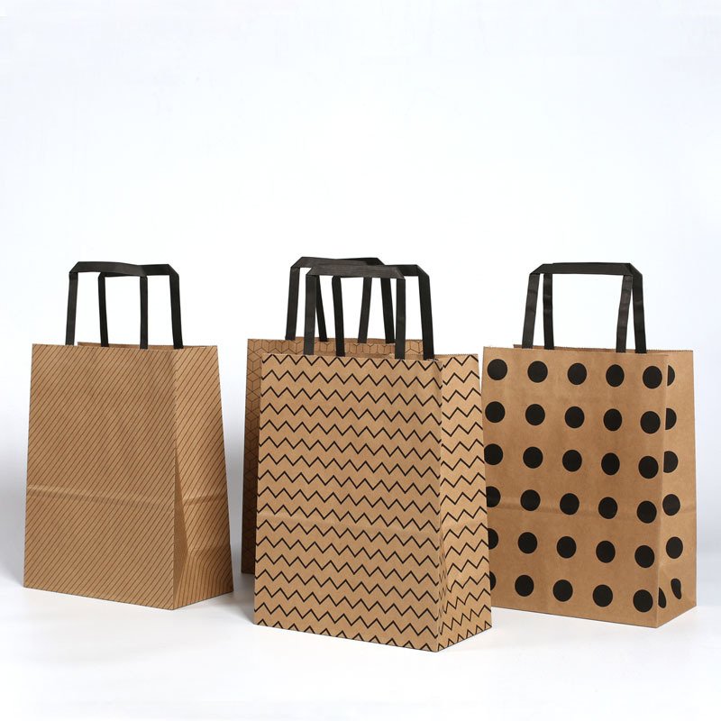 Wholesale Custom Logo Printing Cheap Recycling Take Away Food Packaging shopping Paper bag Flat Handle Flat Hand Carry Brown Pap