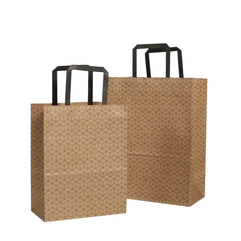 Wholesale Custom Logo Printing Cheap Recycling Take Away Food Packaging shopping Paper bag Flat Handle Flat Hand Carry Brown Pap