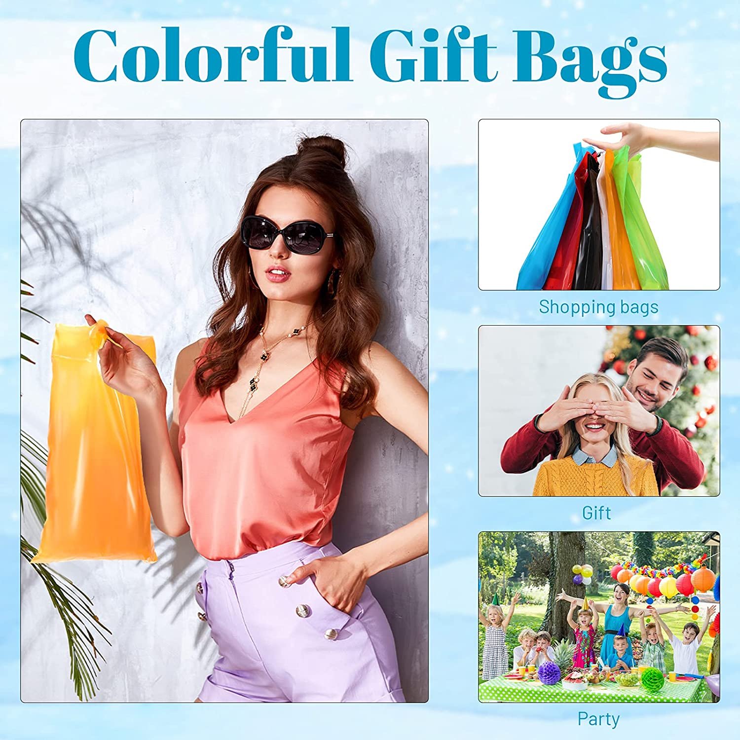 15x8.7 Inch Colorful Recyclable Merchandise Plastic Shopping Bags Die Cut Handles Heat Seal Gravure Printing Custom Orders