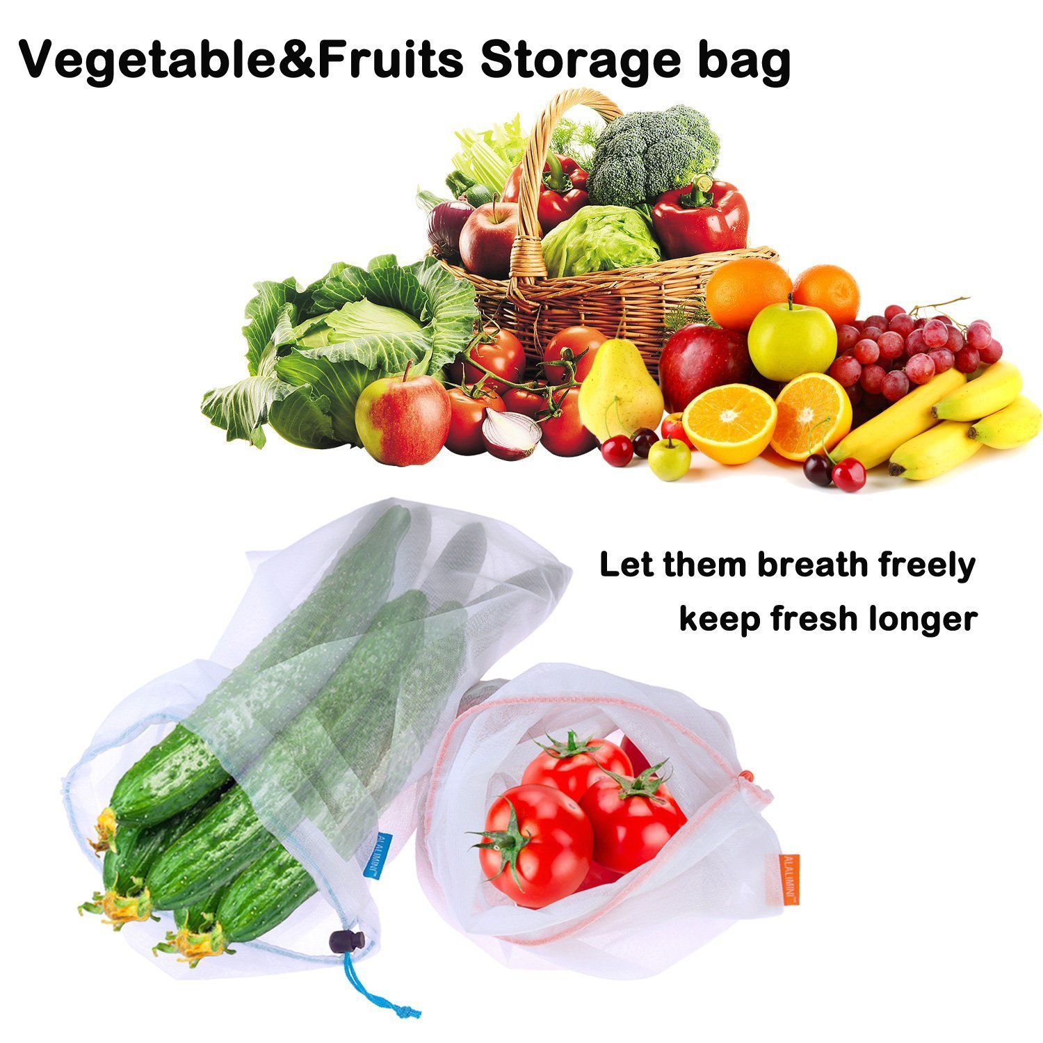 ECO FRIENDLY PREMIUM WASHABLE STORAGE OF FRUIT VEGETABLE FOOD SHOPPING GROCERY DRAWSTRING NET MESH REUSABLE PRODUCE BAGS