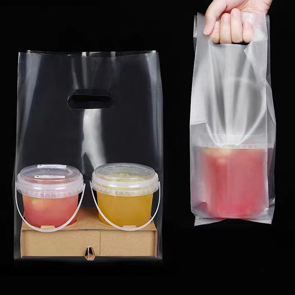 Custom Food Takeout Bag Disposable Coffee Milk Tea cup Holder Packaging Transparent Plastic Bags