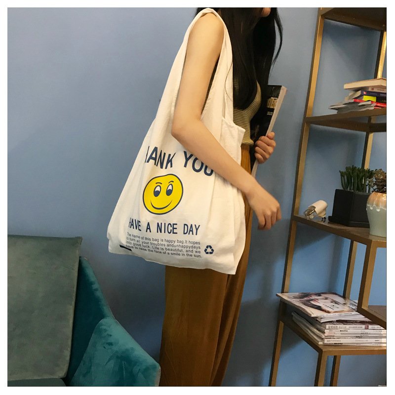 Custom smile face printing natural vest cotton and linen blend bag larger shoulder tote bag linen vest shopping bag
