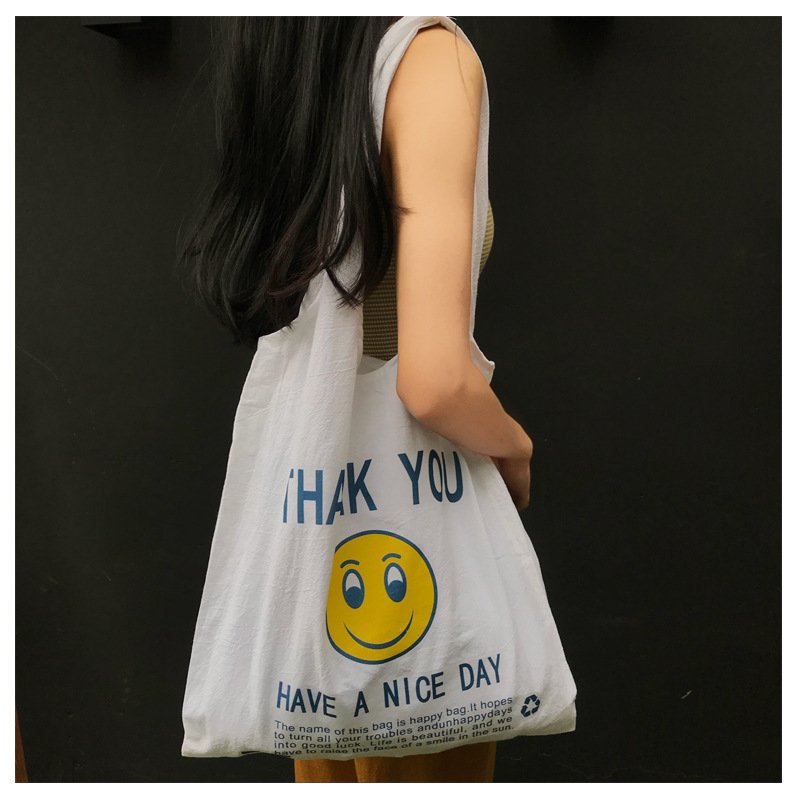 Custom smile face printing natural vest cotton and linen blend bag larger shoulder tote bag linen vest shopping bag