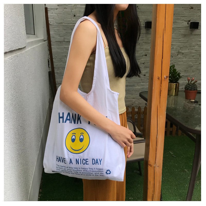 Custom smile face printing natural vest cotton and linen blend bag larger shoulder tote bag linen vest shopping bag