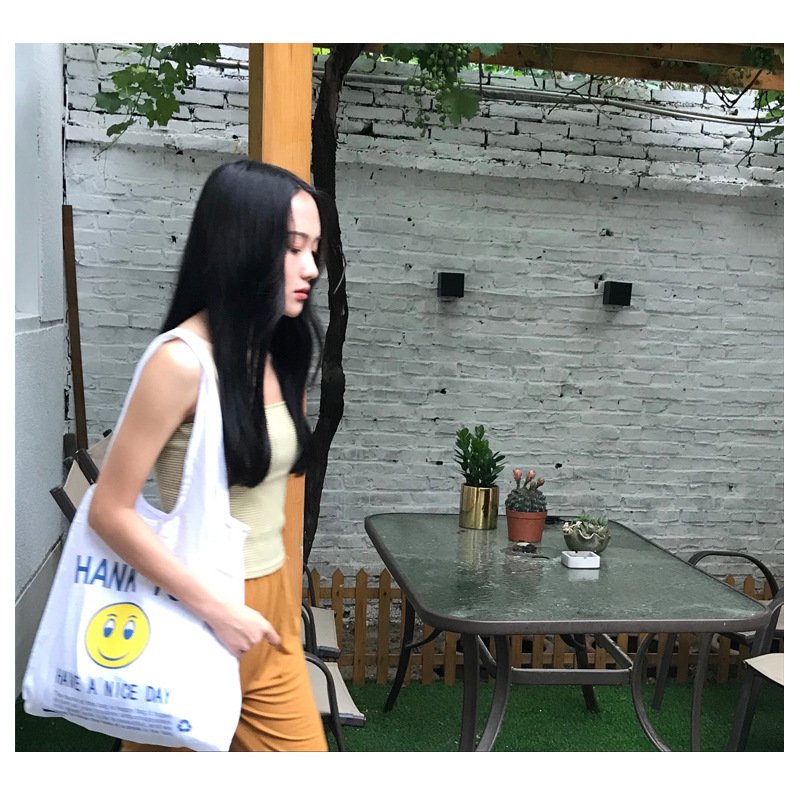 Custom smile face printing natural vest cotton and linen blend bag larger shoulder tote bag linen vest shopping bag