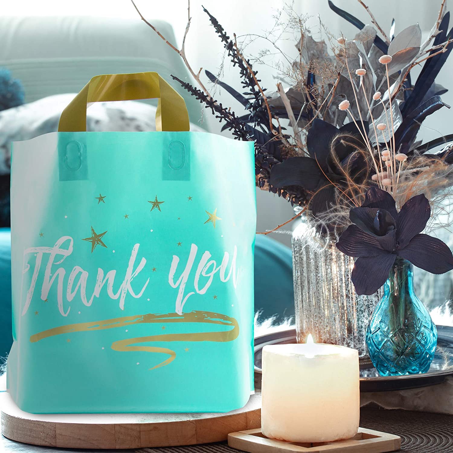12"x 15" Thank You Gift Bags Plastic Retail Shopping Goodie Bag with Gusset Soft Loop Handles for Shoes Underwear Socks