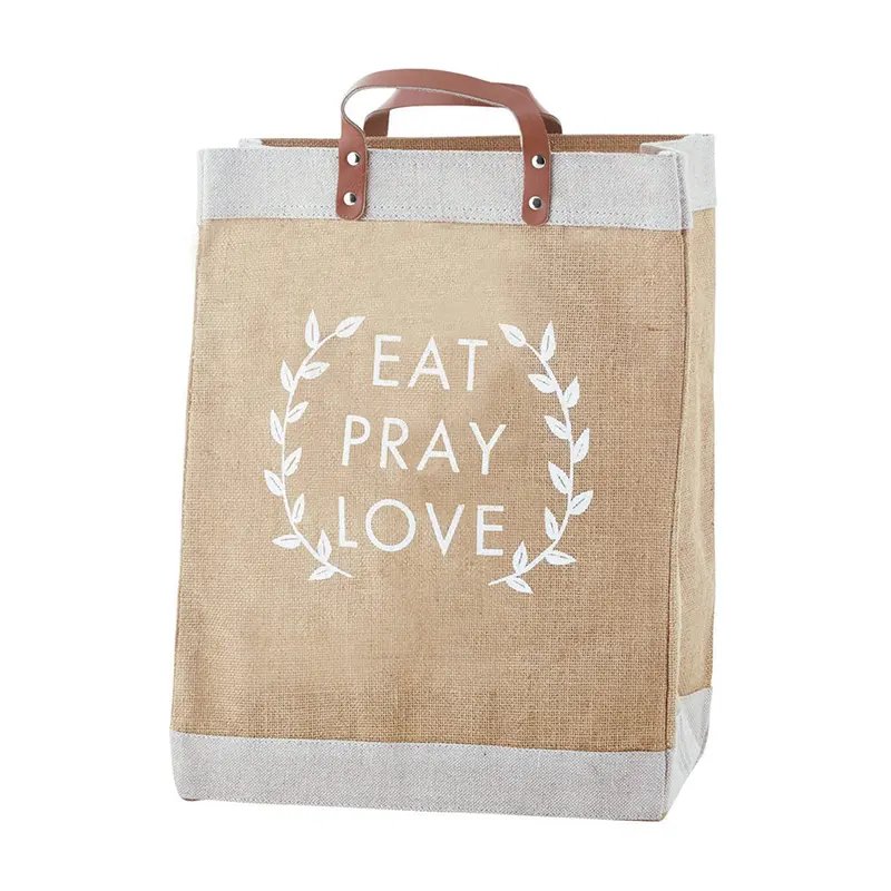 Large Custom Printed Logo Design LaminatedJute Burlap Shopping Tote Bag With Leather Handle