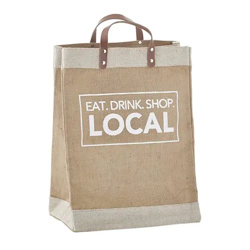 Large Custom Printed Logo Design LaminatedJute Burlap Shopping Tote Bag With Leather Handle