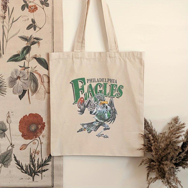 1pc Retro Philadelphia Eagles Football pattern Tote Canvas Personalized Shoulder Bag For Travel Women's Reusable Shopping Bag