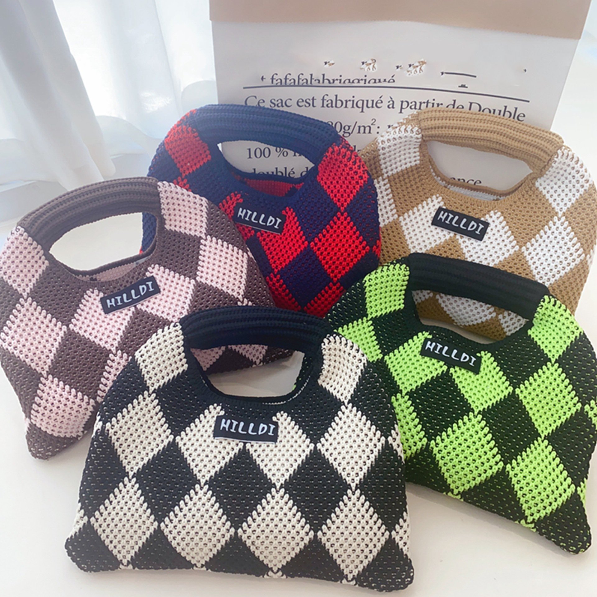 Fashion Bags For Ladies Cotton Plaid Fabric Crochet Cutch Bag Folded Shopping Bag Rhombus Shape Hand Woven Handbag