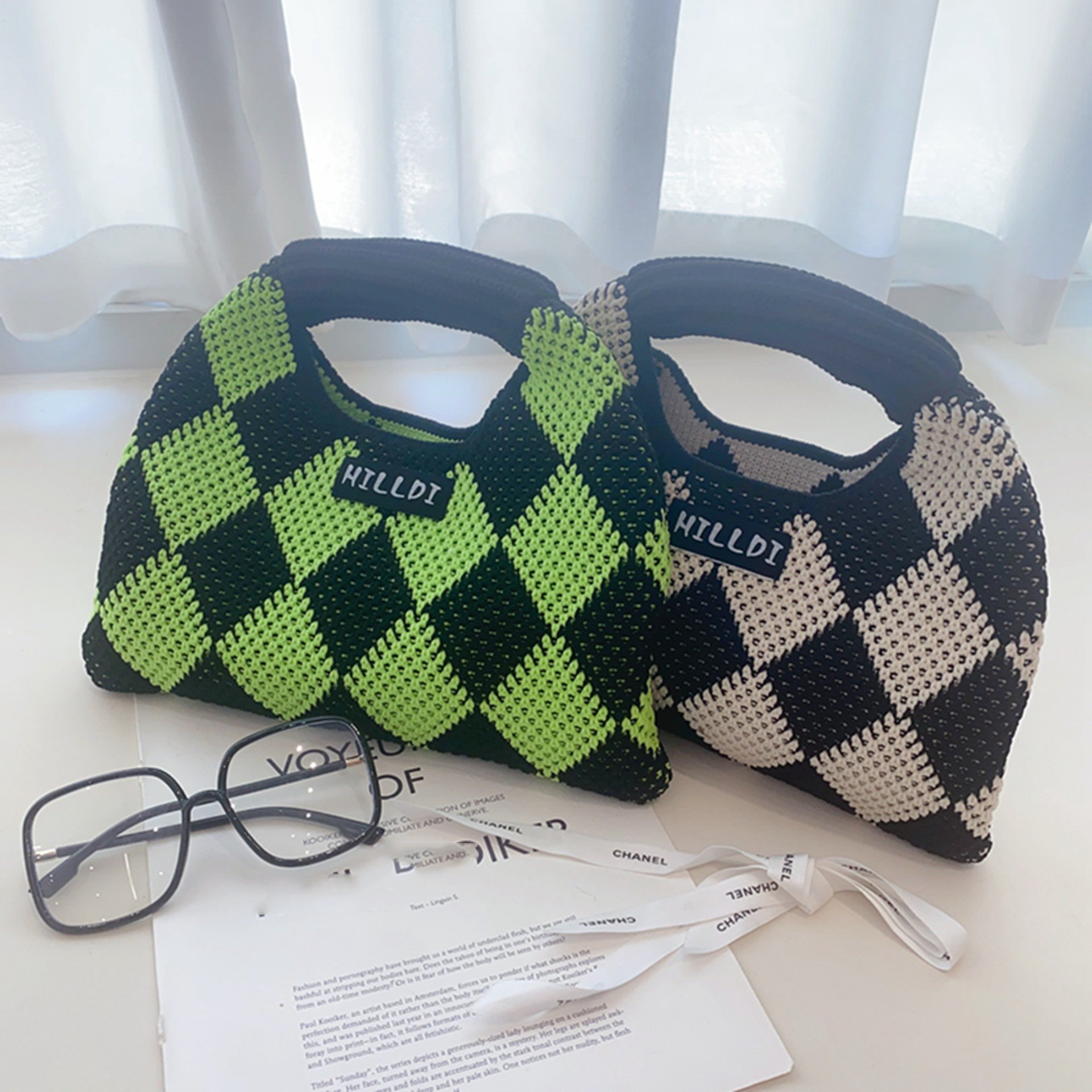 Fashion Bags For Ladies Cotton Plaid Fabric Crochet Cutch Bag Folded Shopping Bag Rhombus Shape Hand Woven Handbag