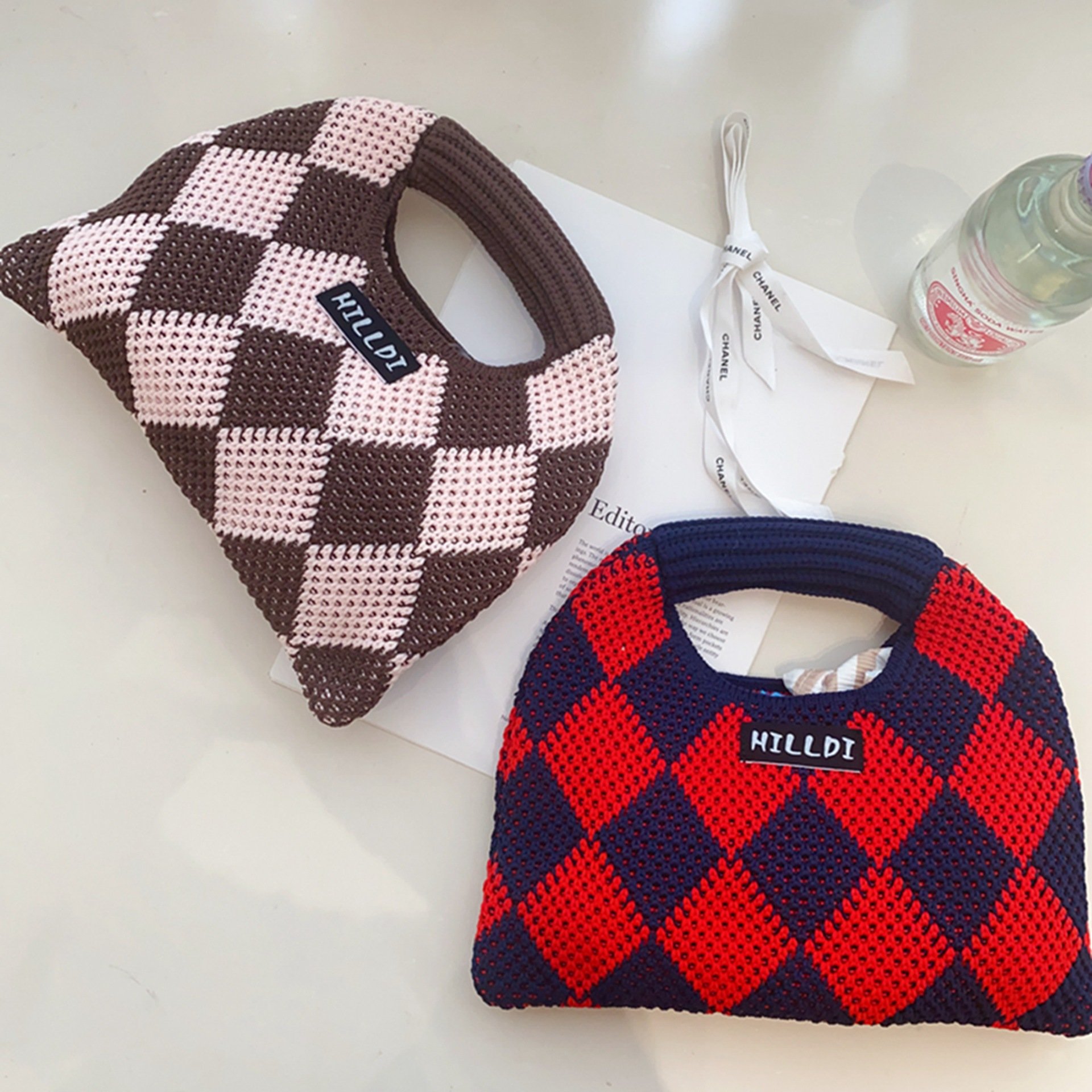 Fashion Bags For Ladies Cotton Plaid Fabric Crochet Cutch Bag Folded Shopping Bag Rhombus Shape Hand Woven Handbag