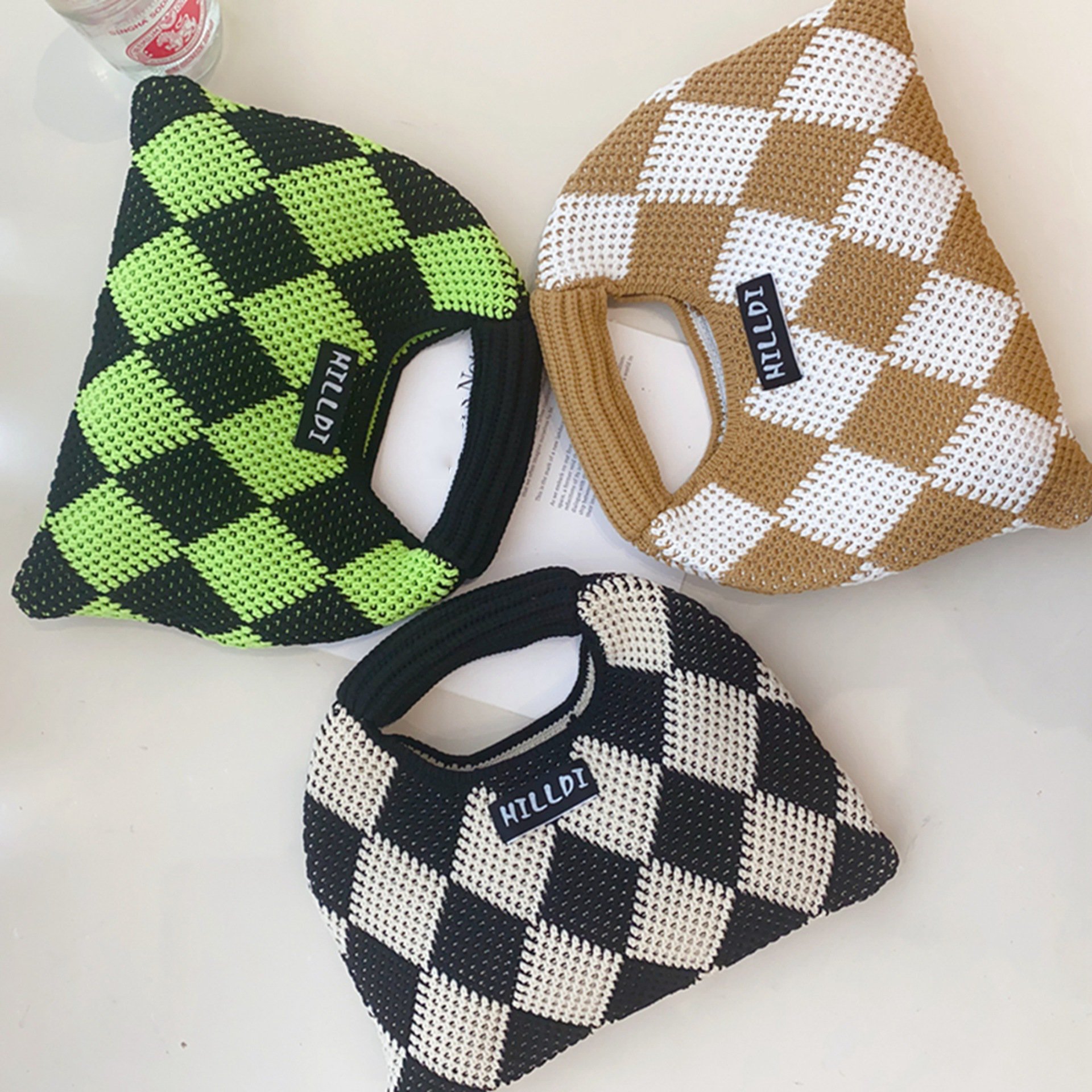 Fashion Bags For Ladies Cotton Plaid Fabric Crochet Cutch Bag Folded Shopping Bag Rhombus Shape Hand Woven Handbag
