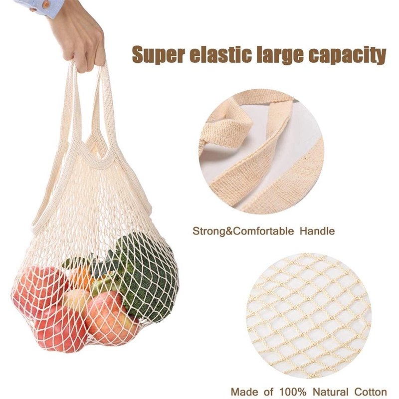 Organic Cotton Net Bags With Long Handle Tote Mesh Cotton Shopping Bags