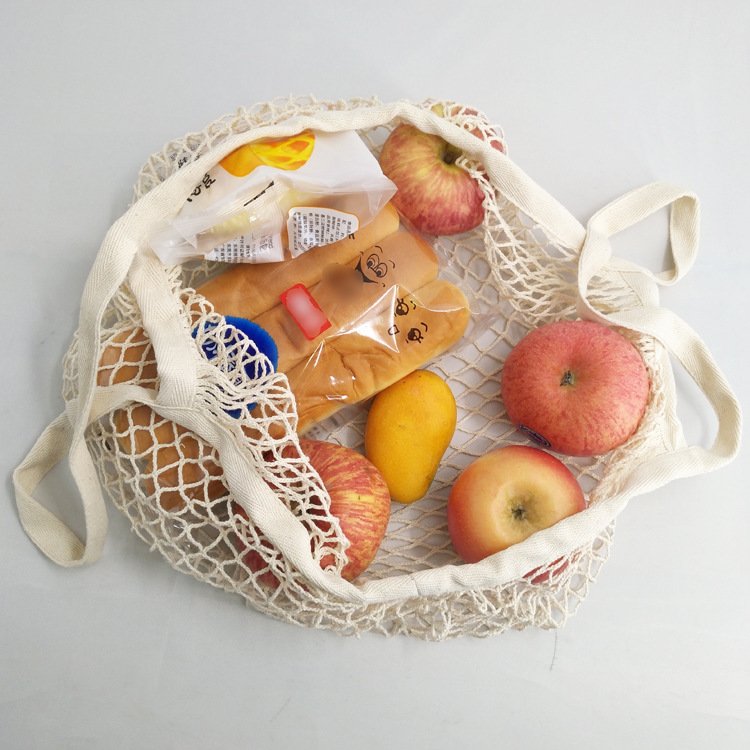 Organic Cotton Net Bags With Long Handle Tote Mesh Cotton Shopping Bags