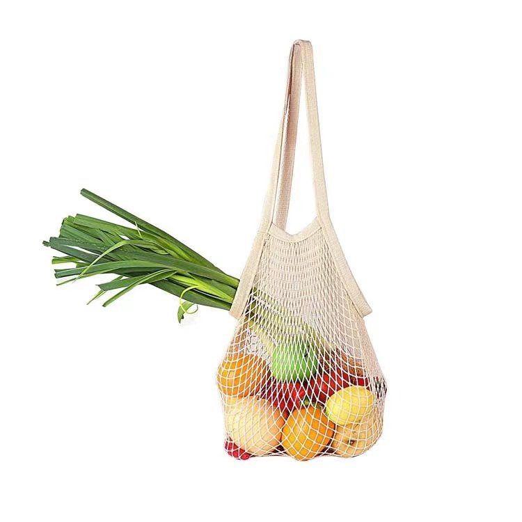 Organic Cotton Net Bags With Long Handle Tote Mesh Cotton Shopping Bags