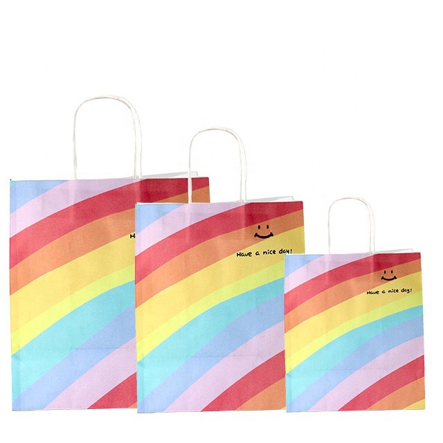 Recyclable Retail Colored Custom Paper Gift Shopping Bags Patterned Full Color Rainbow Paper Candy Gift Bag With Handles